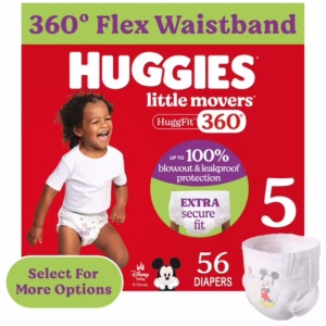 Huggies Little Movers HuggFit 360° Baby Diapers with 360° Waistband, Size 5 (27+ lbs), 56 Ct